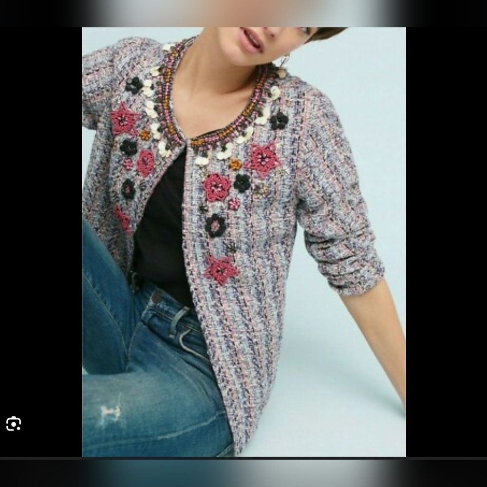 Anthropologie x Summer Of Love Beaded Tweed Preppy Boho Blazer Large